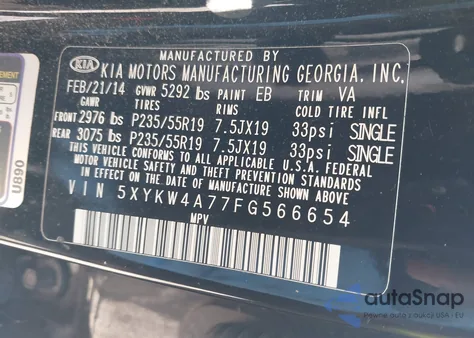 2015 Kia Sorento Sx V6 из США, поврежденный, VIN 5XYKW4A77FG566654